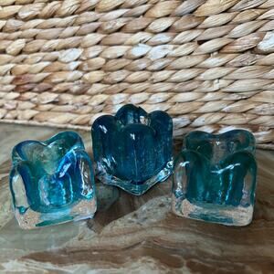 Blue & Green Art Glass Vtg Candle Holders: Set of 3